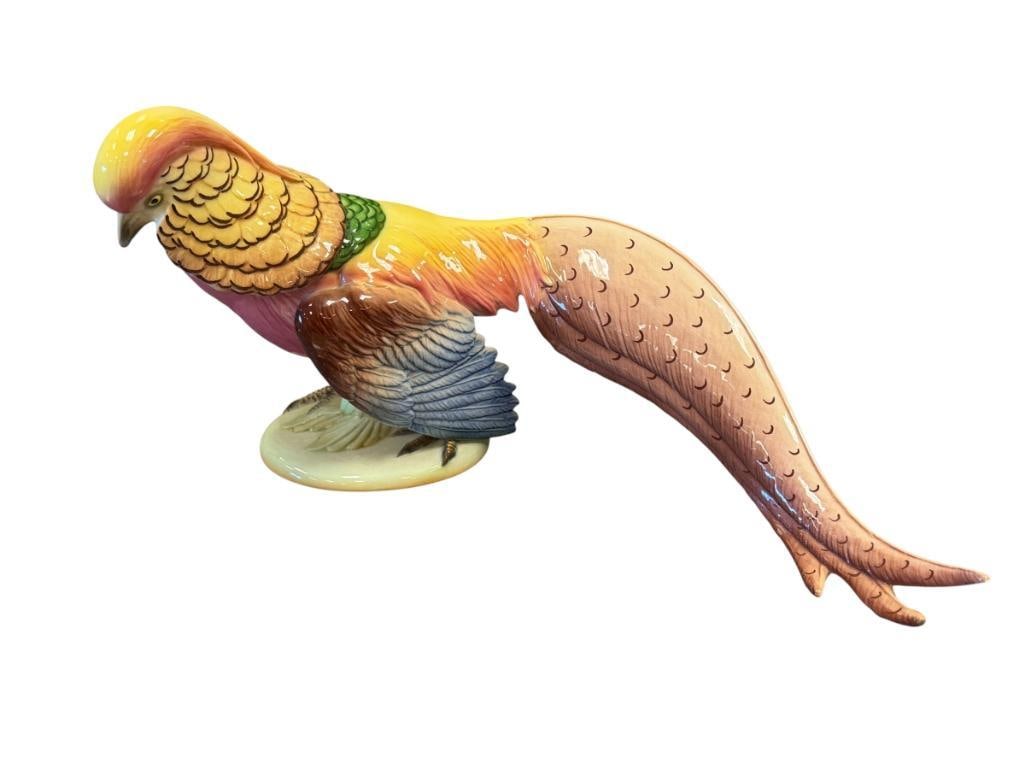 VINTAGE CALIFORNIA POTTERY HAND PAINTED BALL ART WARE CERAMIC PHEASANT FIGURINE CIRCA 1940'S - 50'S: HAND PAINTED PHEASANT FIGURINE, MADE IN CALIFORNIA, NO CHIPS OR REPAIRS 15 1/2" L