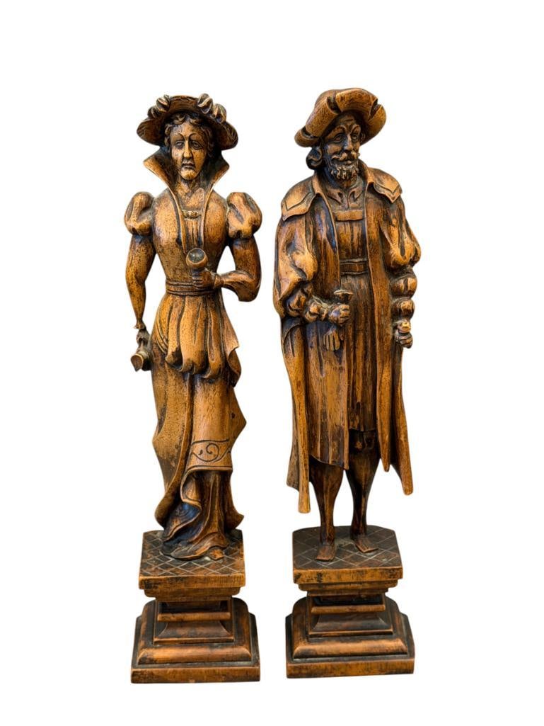PAIR OF CARVED WOOD EUROPEAN MAN AND WOMAN FIGURAL SCULPTURES (1 of 10)