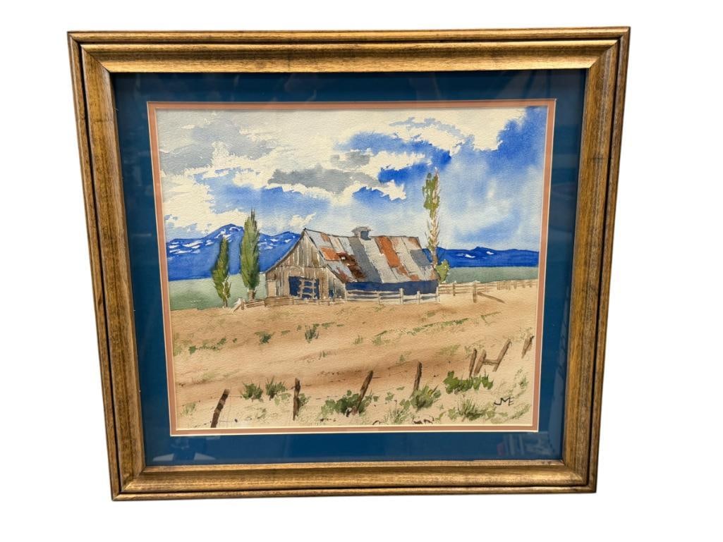 J. MALCOM EDMISTON NEVADA ARTIST ORIGINAL WATERCOLOR ON PAPER WESTERN LANDSCAPE: J. MALCOM EDMISTON (1922-2019) WAS BORN IN LOS ANGELES, WAS A SURGEON AND JOINED THE MILITARY IN 1947, MOVED TO RENO, NV AND WAS ONE OF THE FACULTY PHYSICIANS, ART DEPICTS OLD BARN IN NEVADA DESERT