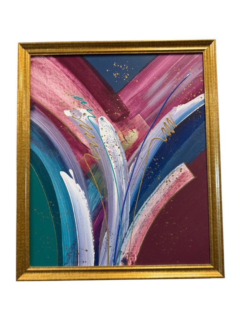PATRICK MCNURNEY MIXED MEDIA ORIGINAL PAINTING ON CANVAS ABSTRACT: ABSTRACT MIXED-MEDIA ART ON CANVAS WITH LARGE BRUSH STROKES, GOLD GLITTER AND SPLATTER, SIGNED LEFT EDGE, FRAMED 23" X 27" FRAME
