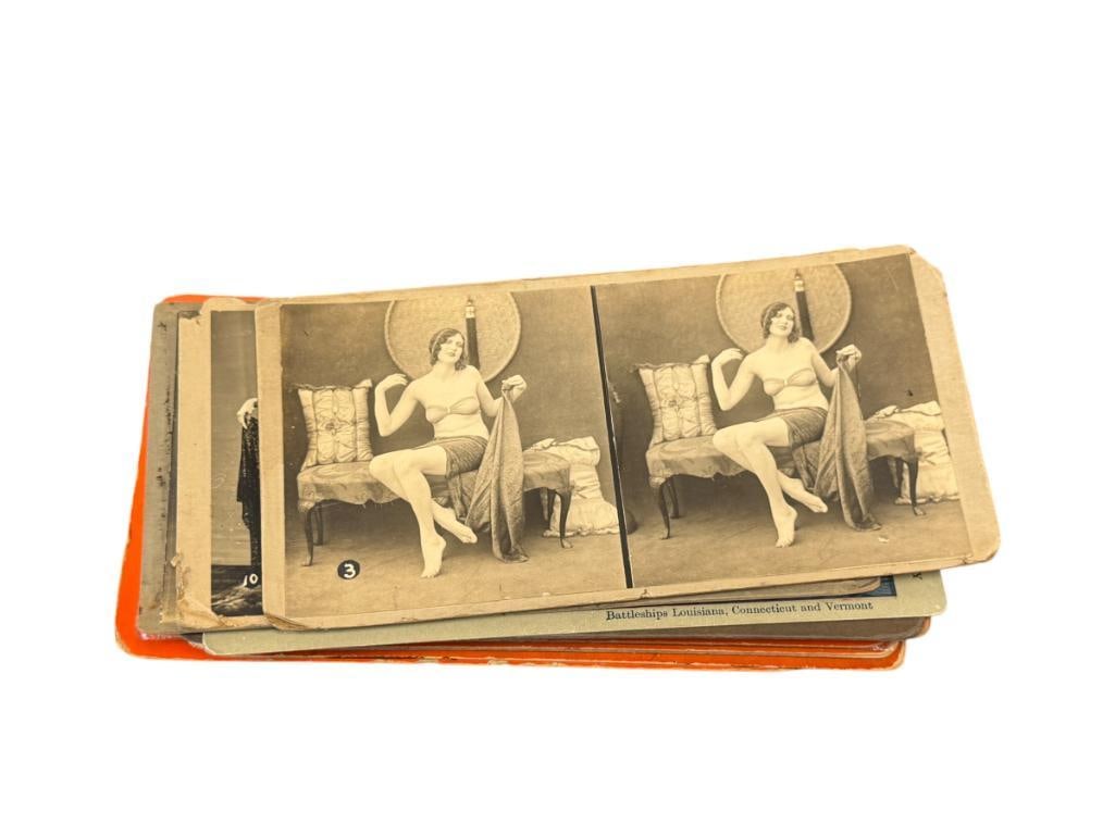 15 ANTIQUE STEREO VIEW CARDS: BLACK AND WHITE STEREO CARDS, INCLUDES ONE HAND COLORED CARD, FEATURES WOMAN POSING, SHIPS, RELIGIOUS SCENES, ETC.
