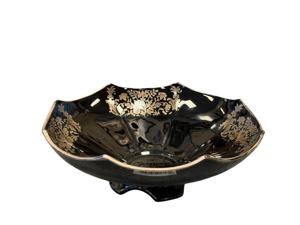 ART DECO PERIOD BLACK AMETHYST GLASS BOWL WITH STERLING SILVER FLORAL OVERLAY (1 of 7)