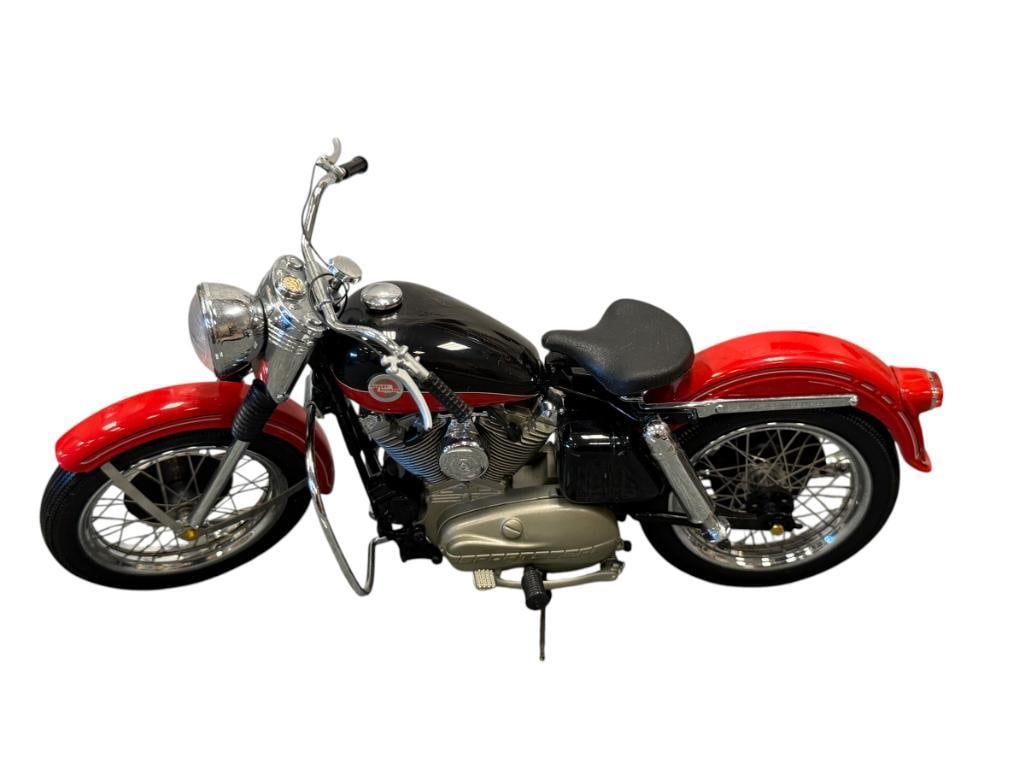 FRANKLIN MINT 1/10 DIE-CAST 1957 HARLEY-DAVIDSON XL SPORTSTER MODEL: RED AND BLACK WITH CHROME ACCENTS, ONE PEG HAS BEEN REPAIRED, INCLUDES ORIGINAL BOX 8 1/4" L