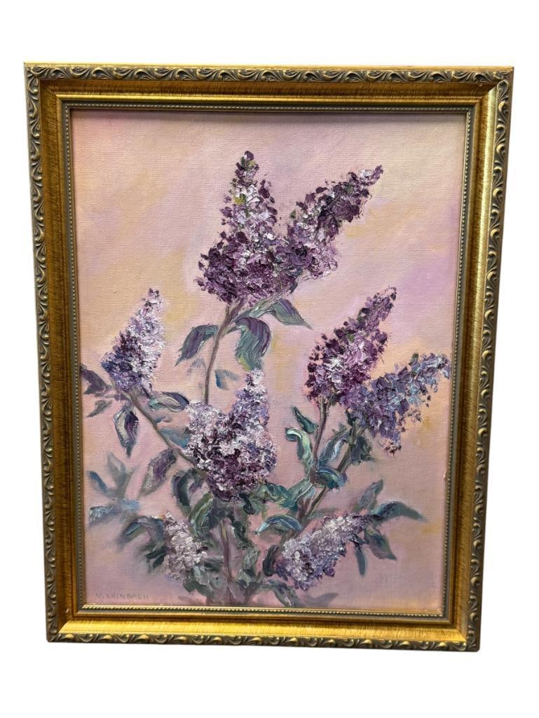 VIRGINIA LEINBACH ORIGINAL PALETTE KNIFE OIL PAINTING OF FLOWERS TITLED PINK LILACS DATED 1975: SIGNED LOWER LEFT, ARTIST NAME AND ART TITLE ON THE BACK, FRAMED 14" X 18" FRAME
