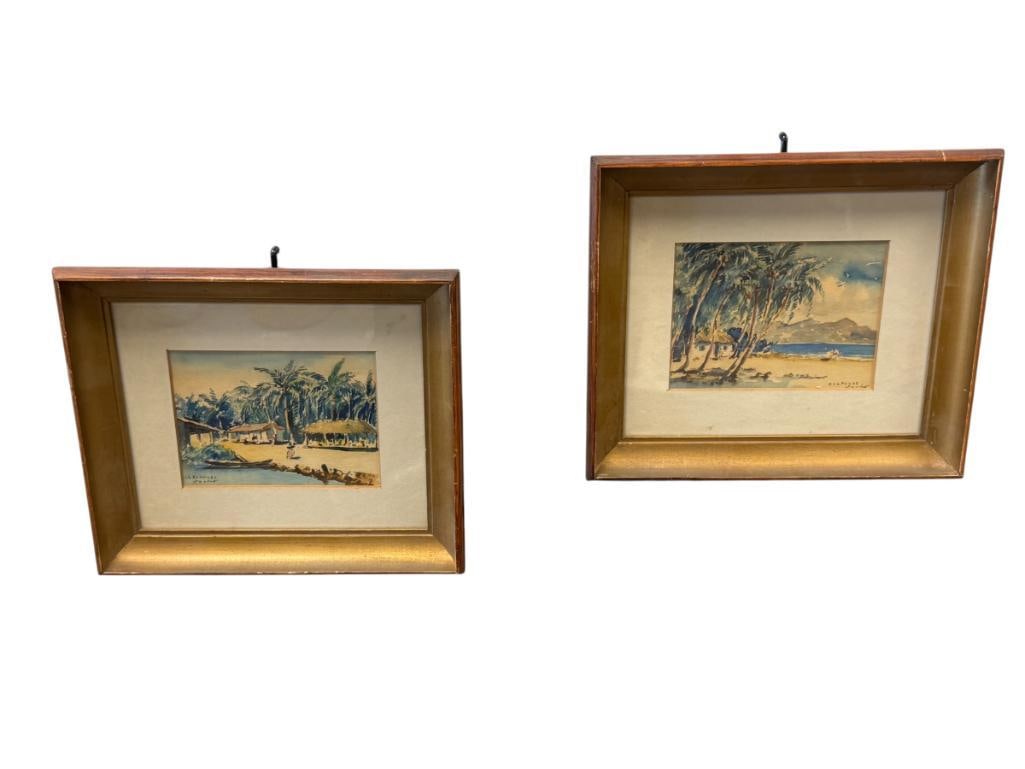 PAIR OF VINTAGE ORIGINAL WATERCOLOR TOURIST / SOUVENIR PAINTINGS OF ACAPULCO BEACHES SIGNED NACHO: PAIR OF TROPICAL LANDSCAPE MINIATURE PAINTINGS OF BEACHES IN ACAPULCO, BOTH ARE SIGNED NACHO, FRAMED 10 1/2" X 9" FRAME