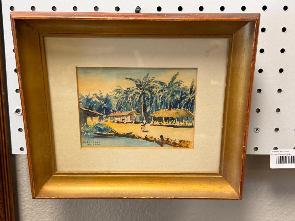 PAIR OF VINTAGE ORIGINAL WATERCOLOR TOURIST / SOUVENIR PAINTINGS OF ACAPULCO BEACHES SIGNED NACHO - 2