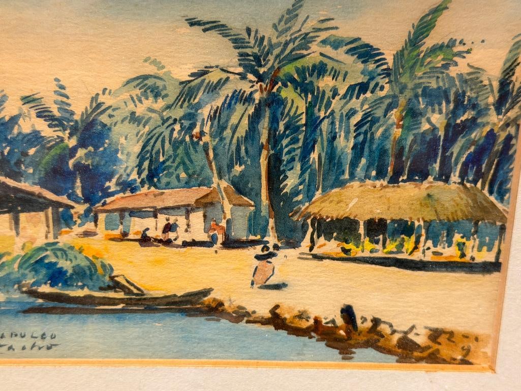 PAIR OF VINTAGE ORIGINAL WATERCOLOR TOURIST / SOUVENIR PAINTINGS OF ACAPULCO BEACHES SIGNED NACHO - 4