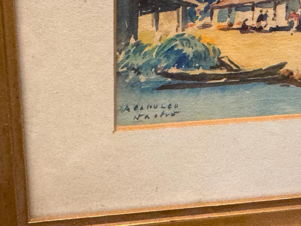 PAIR OF VINTAGE ORIGINAL WATERCOLOR TOURIST / SOUVENIR PAINTINGS OF ACAPULCO BEACHES SIGNED NACHO - 5