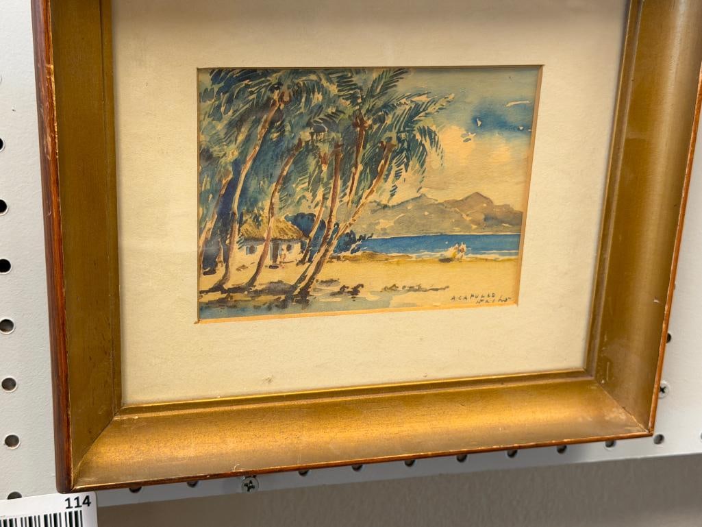 PAIR OF VINTAGE ORIGINAL WATERCOLOR TOURIST / SOUVENIR PAINTINGS OF ACAPULCO BEACHES SIGNED NACHO - 6
