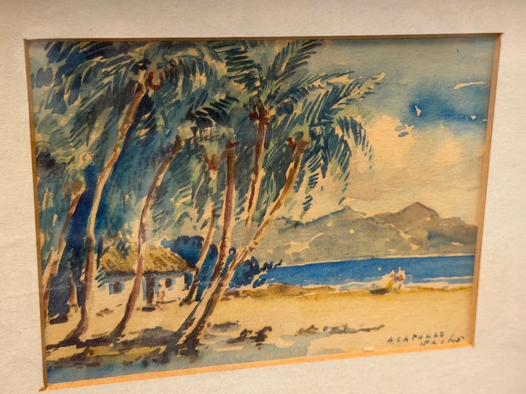 PAIR OF VINTAGE ORIGINAL WATERCOLOR TOURIST / SOUVENIR PAINTINGS OF ACAPULCO BEACHES SIGNED NACHO - 7