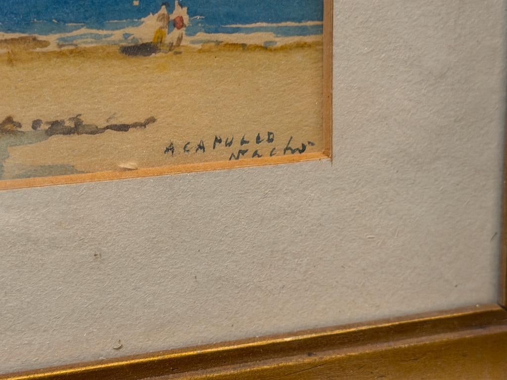 PAIR OF VINTAGE ORIGINAL WATERCOLOR TOURIST / SOUVENIR PAINTINGS OF ACAPULCO BEACHES SIGNED NACHO - 9