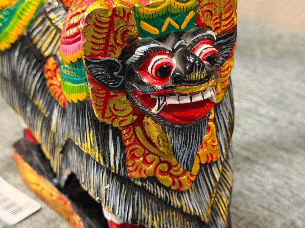 POLYCHROME HAND CARVED WOOD BALINESE MYTHICAL GUARDIAN LION / CREATURE BARONG OR SINGA - 4