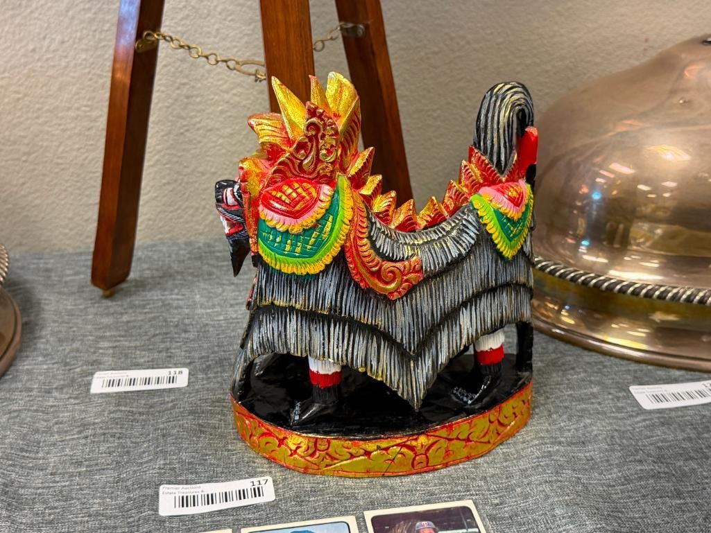 POLYCHROME HAND CARVED WOOD BALINESE MYTHICAL GUARDIAN LION / CREATURE BARONG OR SINGA - 5
