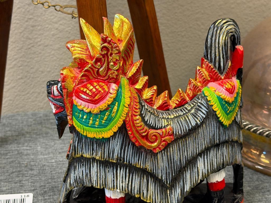 POLYCHROME HAND CARVED WOOD BALINESE MYTHICAL GUARDIAN LION / CREATURE BARONG OR SINGA - 6