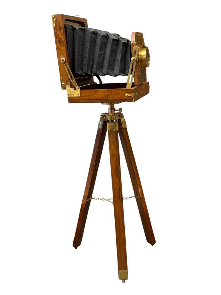 DECORATUVE VINTAGE - STYLED WOODEN FOLDING CAMERA REPLICA WITH ADJUSTABLE TRIPOD STAND (1 of 8)