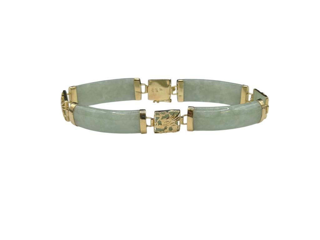 14K YELLOW GOLD GREEN JADE LINK BRACELET WITH DRAGON MOTIF ON GOLD LINKS: 7" X 7/16", 17.74 GRAMS