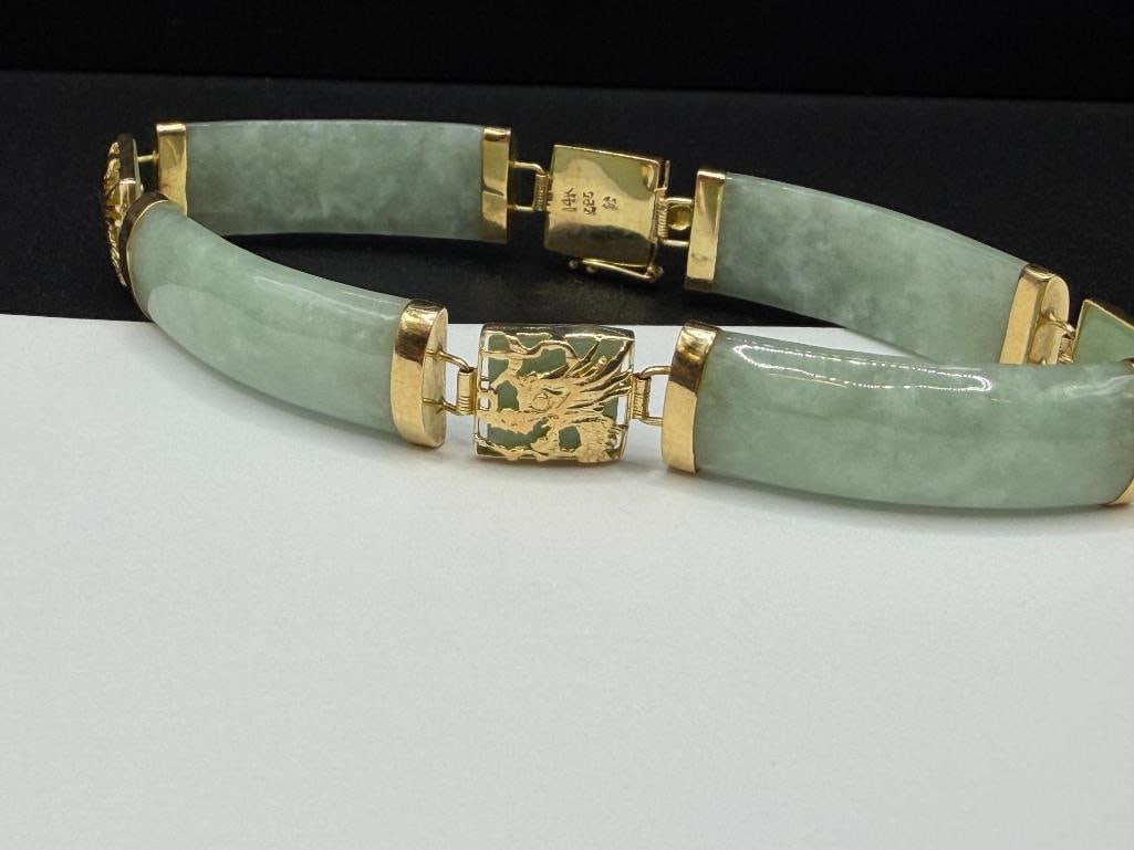 14K YELLOW GOLD GREEN JADE LINK BRACELET WITH DRAGON MOTIF ON GOLD LINKS - 2