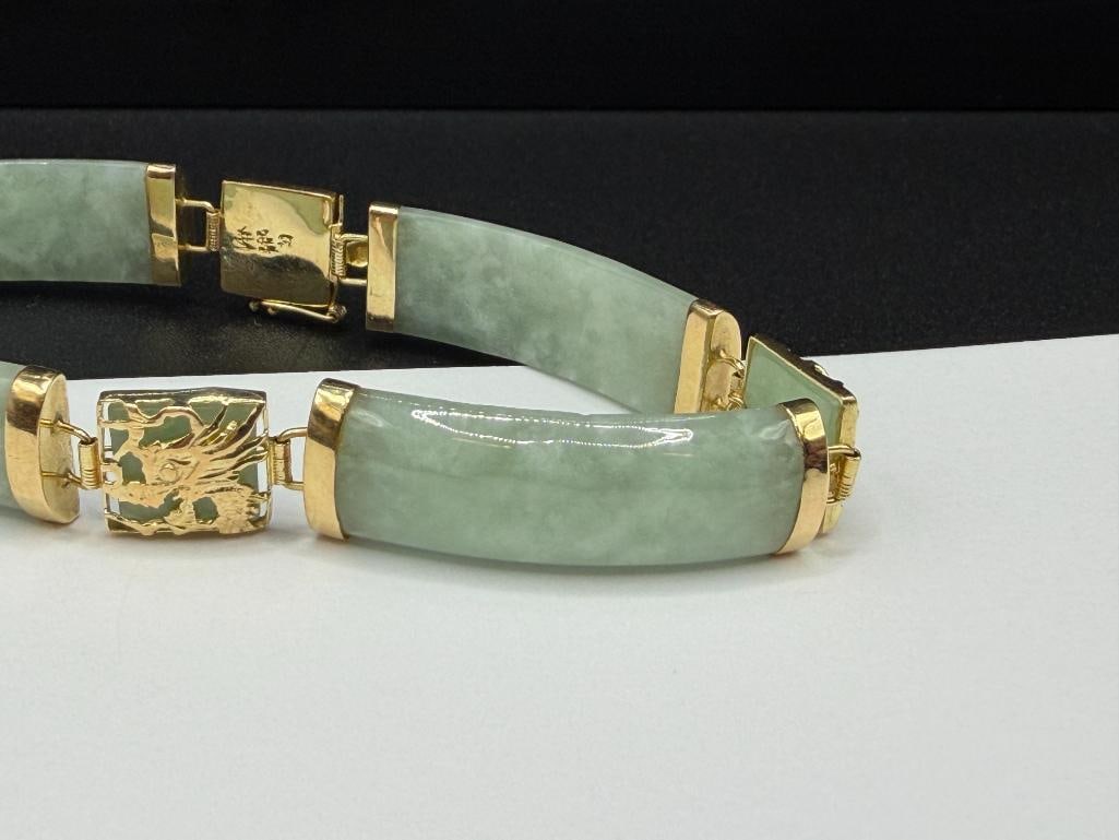 14K YELLOW GOLD GREEN JADE LINK BRACELET WITH DRAGON MOTIF ON GOLD LINKS - 3