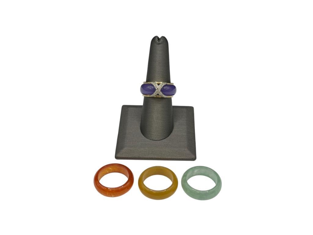 14K YELLOW GOLD DIAMOND AND DIAMOND CUT RING WITH INTERCHANGABLE JADE BANDS: FEATURES FOUR VARIOUS COLORED JADE BANDS, UNIQUE INTERCHANGEABLE DESIGN, DESIGNER HALLMARKED "PJS" SIZE 8, 3/8" THICK, 3.06 GRAMS OF 14K