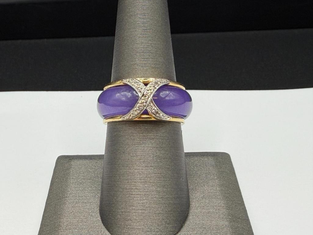 14K YELLOW GOLD DIAMOND AND DIAMOND CUT RING WITH INTERCHANGABLE JADE BANDS - 3