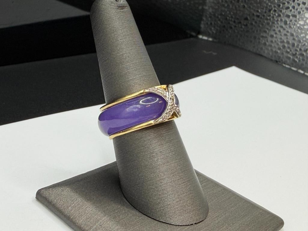 14K YELLOW GOLD DIAMOND AND DIAMOND CUT RING WITH INTERCHANGABLE JADE BANDS - 4