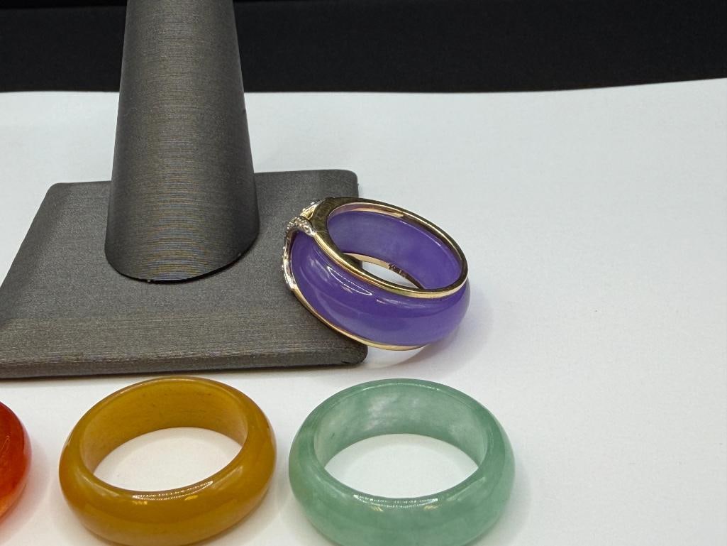 14K YELLOW GOLD DIAMOND AND DIAMOND CUT RING WITH INTERCHANGABLE JADE BANDS - 5