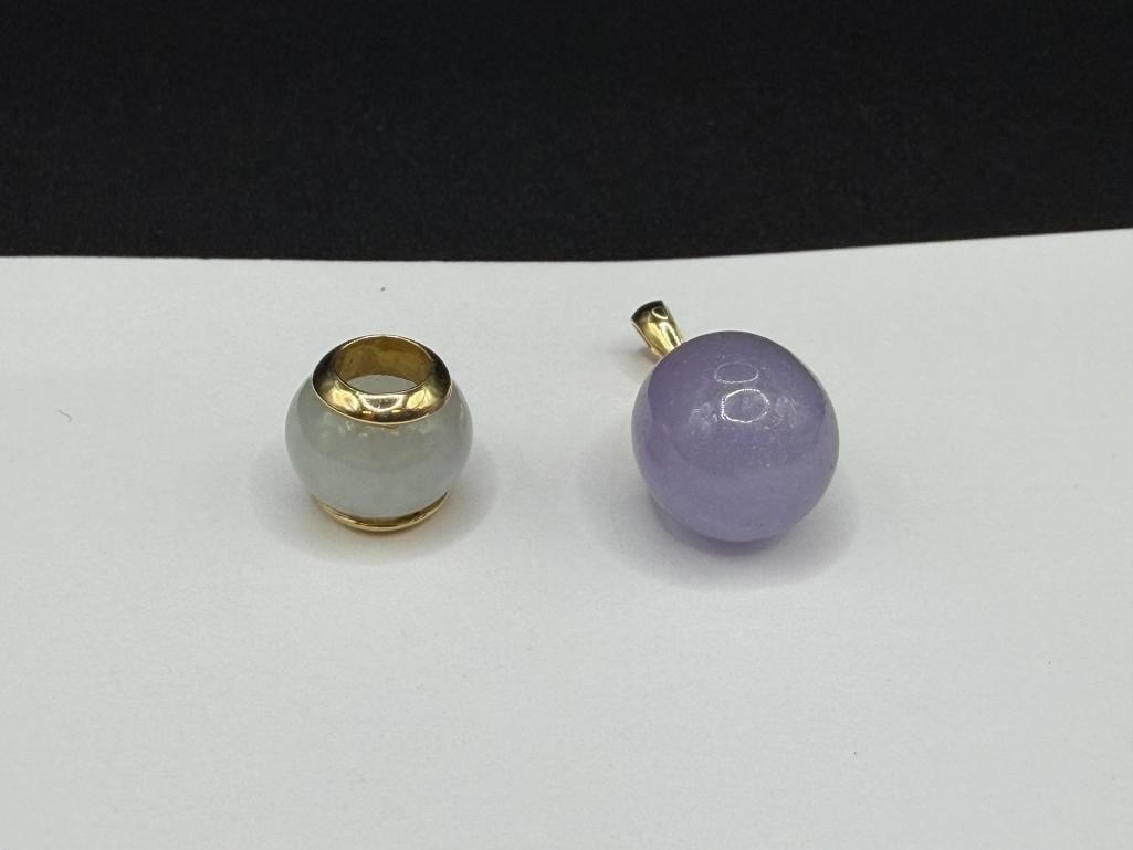 14K YELLOW GOLD LAVENDER JADE DROP PENDANT AND 14K YELLOW GOLD GREEN JADE SLIDE PENDANT / BEAD - 2
