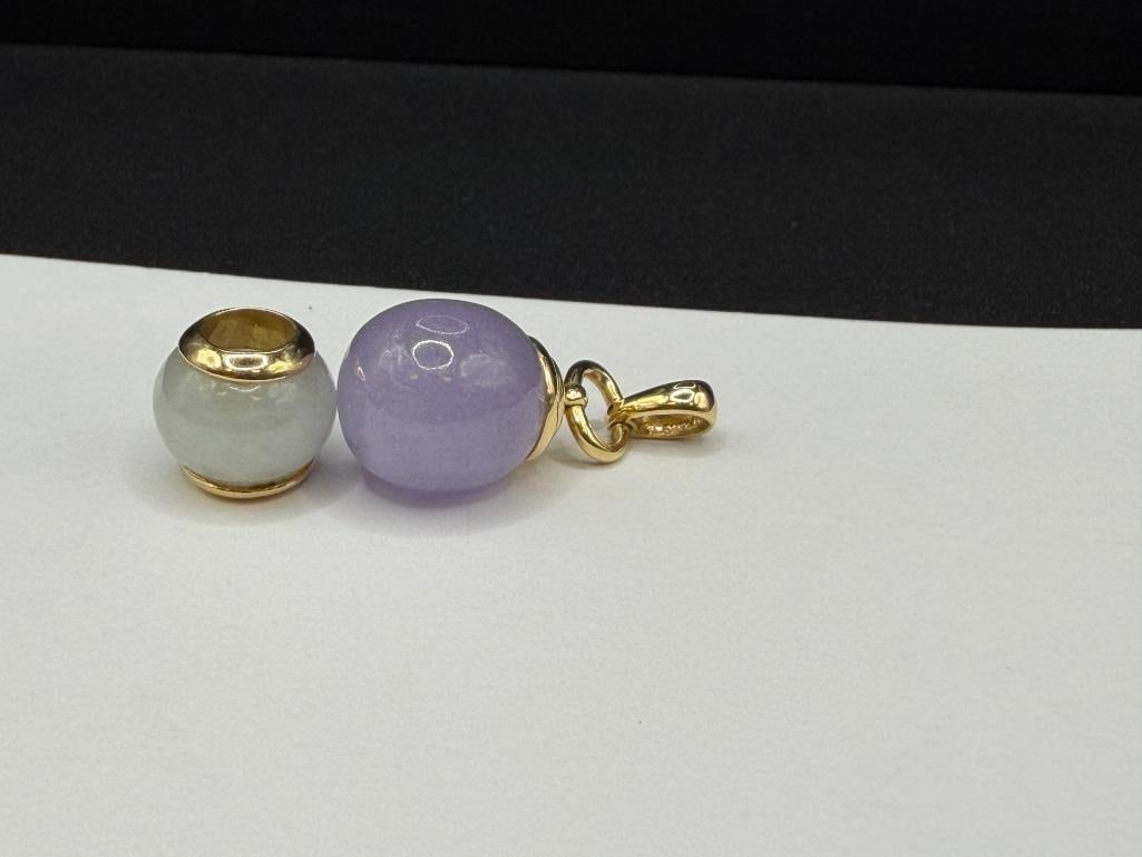 14K YELLOW GOLD LAVENDER JADE DROP PENDANT AND 14K YELLOW GOLD GREEN JADE SLIDE PENDANT / BEAD - 3