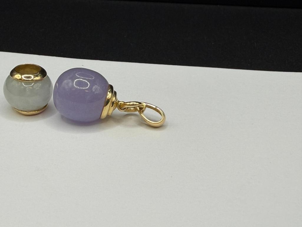 14K YELLOW GOLD LAVENDER JADE DROP PENDANT AND 14K YELLOW GOLD GREEN JADE SLIDE PENDANT / BEAD - 4