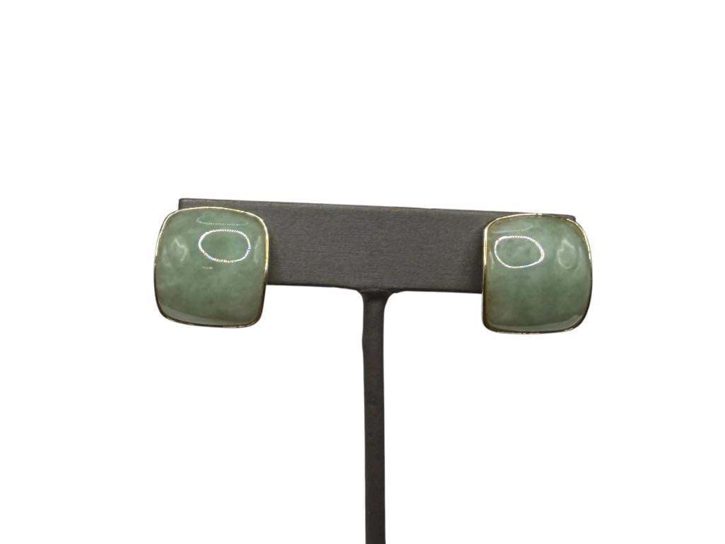 14K YELLOW GOLD GREEN JADE EARRINGS: FEATURING OMEGA CLIP BACKS, MARKED "HONG KONG" 3/4", 9.92 GRAMS