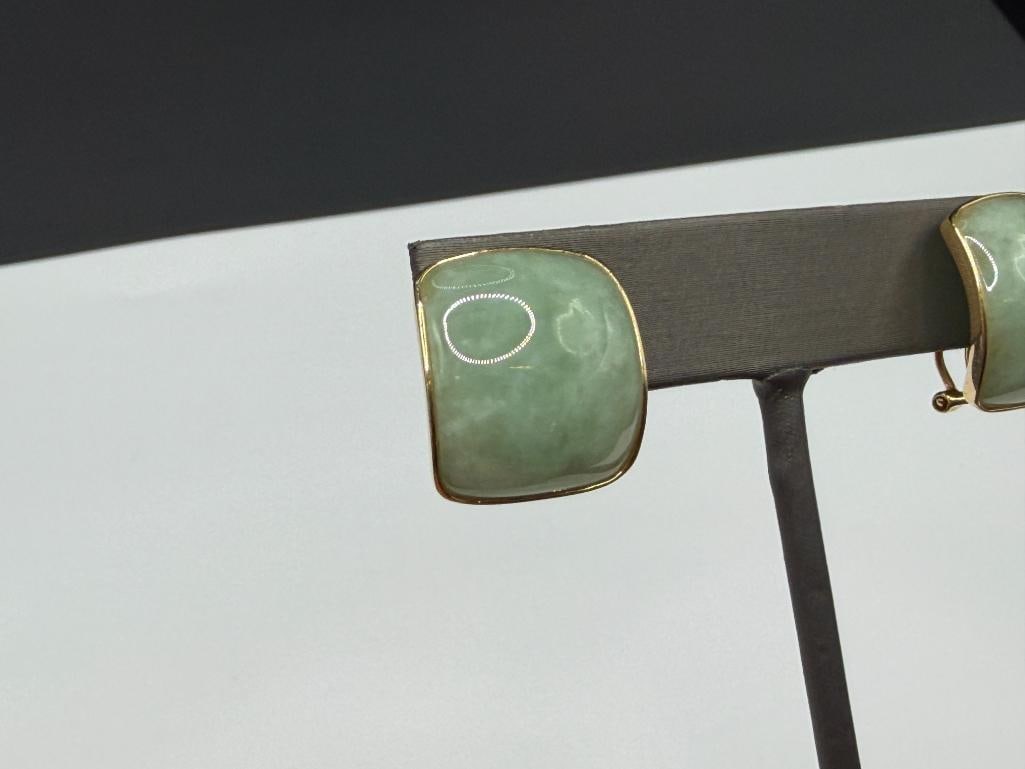 14K YELLOW GOLD GREEN JADE EARRINGS - 2