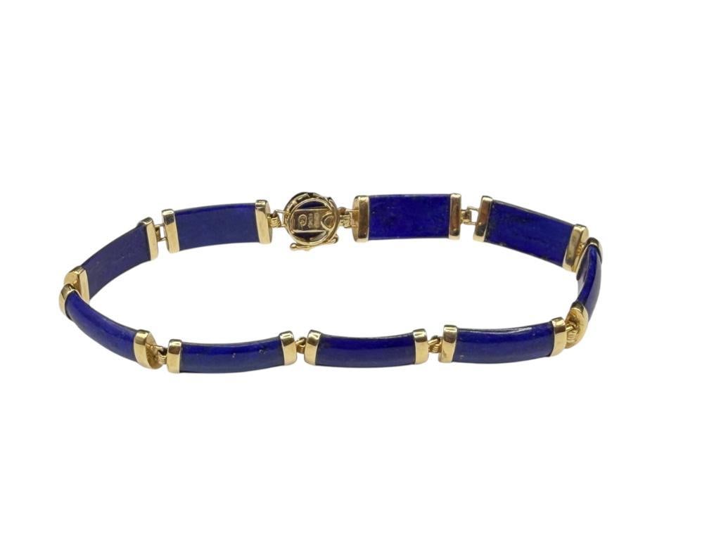 14K YELLOW GOLD BLUE LAPIS LINK BRACELET FEATURING CHINESE "FU" CHARACTER MEANING FORTUNE: MARKED "HONG KONG" 7" X 5/16", 10.27 GRAMS