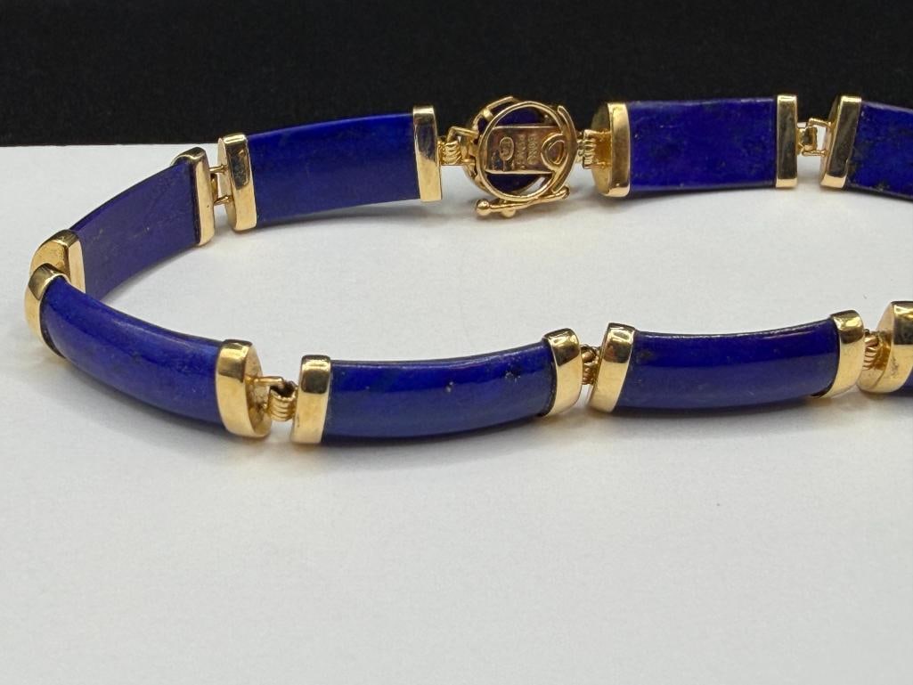 14K YELLOW GOLD BLUE LAPIS LINK BRACELET FEATURING CHINESE "FU" CHARACTER MEANING FORTUNE - 2