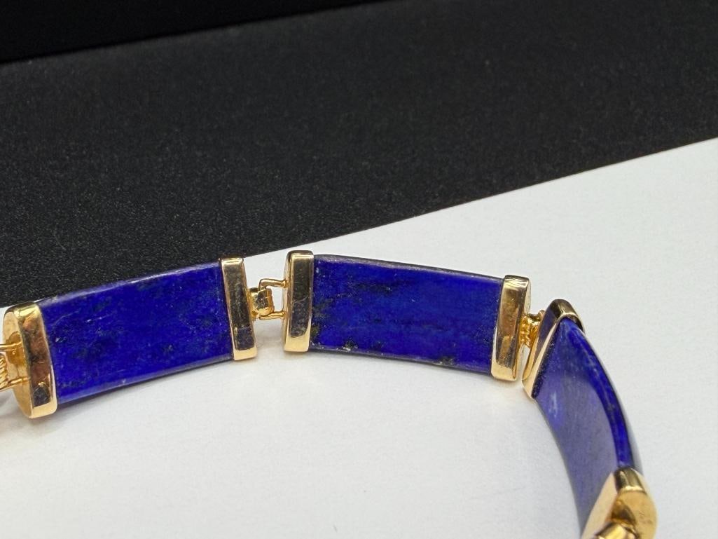 14K YELLOW GOLD BLUE LAPIS LINK BRACELET FEATURING CHINESE "FU" CHARACTER MEANING FORTUNE - 3