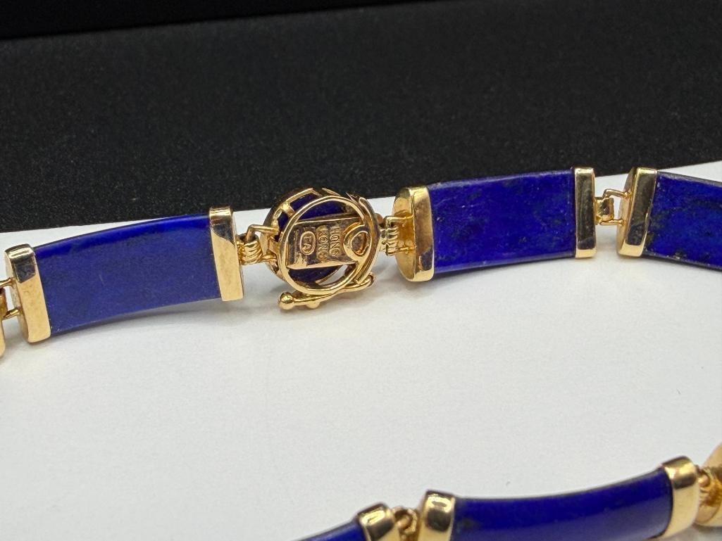 14K YELLOW GOLD BLUE LAPIS LINK BRACELET FEATURING CHINESE "FU" CHARACTER MEANING FORTUNE - 4