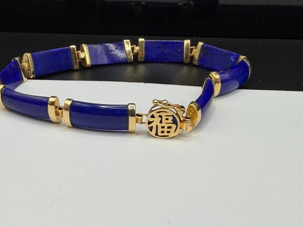 14K YELLOW GOLD BLUE LAPIS LINK BRACELET FEATURING CHINESE "FU" CHARACTER MEANING FORTUNE - 5