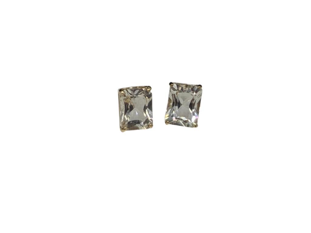 14K YELLOW GOLD EMERALD CUT WHITE TOPAZ POST EARRINGS: NO BACKS INCLUDED 9MM X 7MM TOPAZ, 1.77 GRAMS