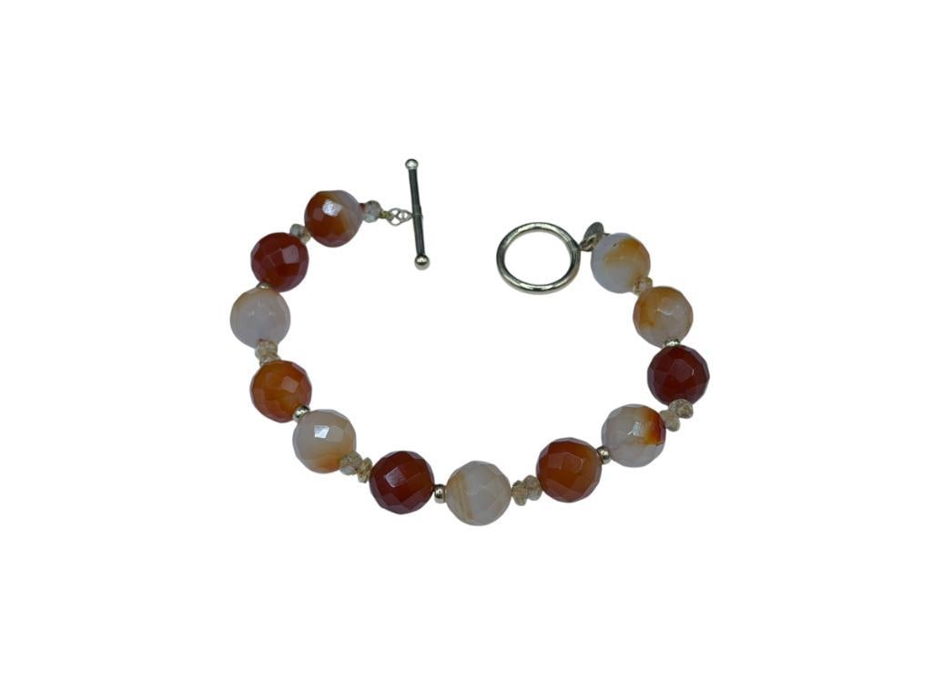ZOE B. DESIGNER SIGNED 14K YELLOW GOLD TOGGLE CLASP FACETED CITRINE BEAD BRACELET: ACCENTED WITH CRYSTALS 7 1/2", 10MM CITRINE BEADS