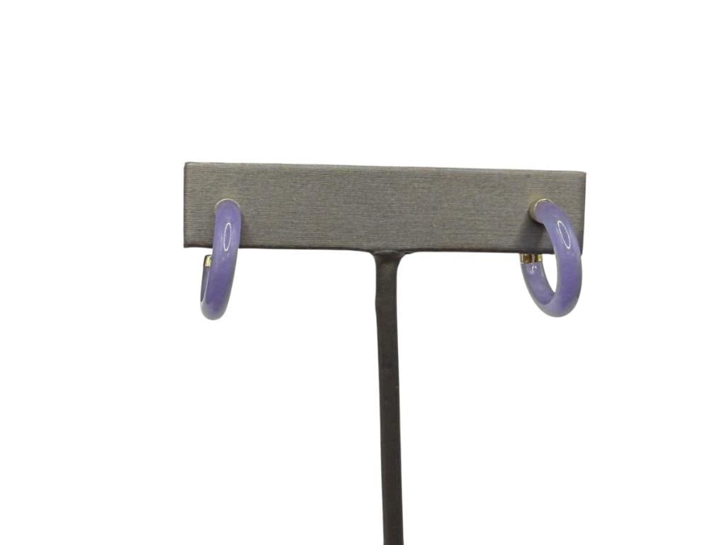 14K YELLOW GOLD LAVENDER JADE 3/4 HOOP EARRINGS: BACKS ARE NOT GOLD AND DO NOT MATCH 3/4", 3.00 GRAMS WITHOUT BACKS