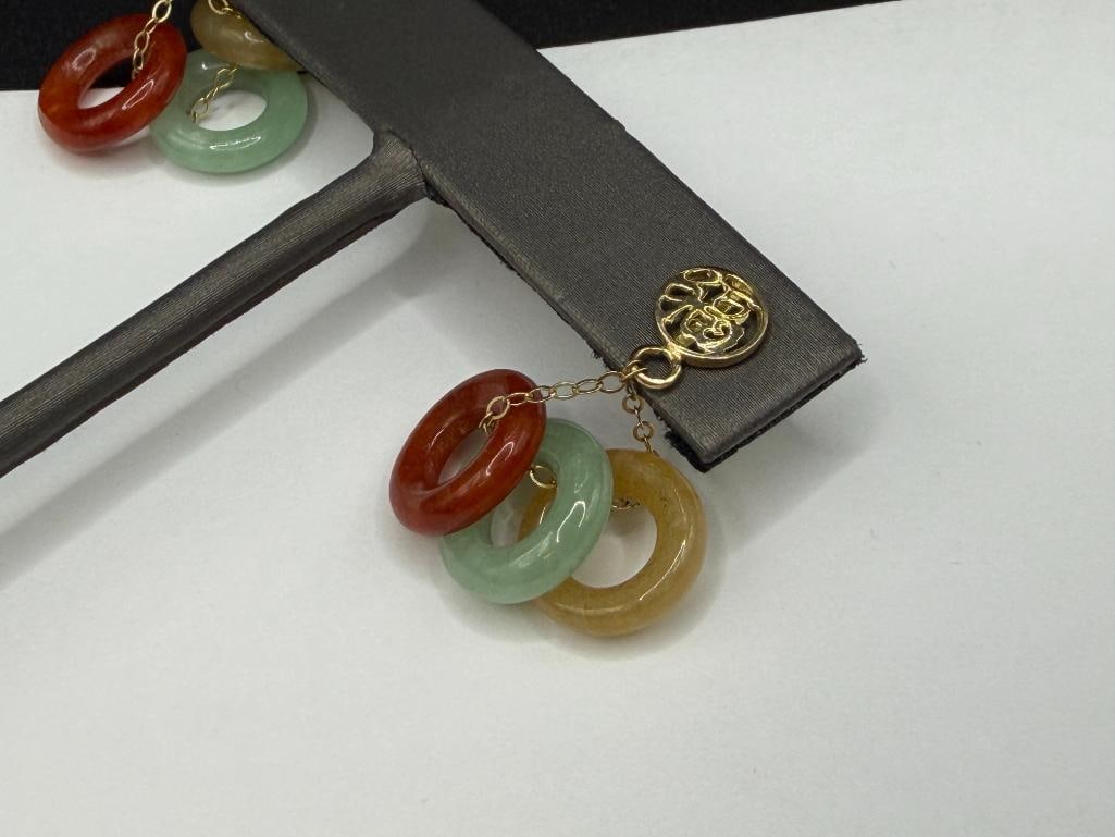 14K YELLOW GOLD MULTI-COLOR JADE DISC DANGLE EARRINGS - 3