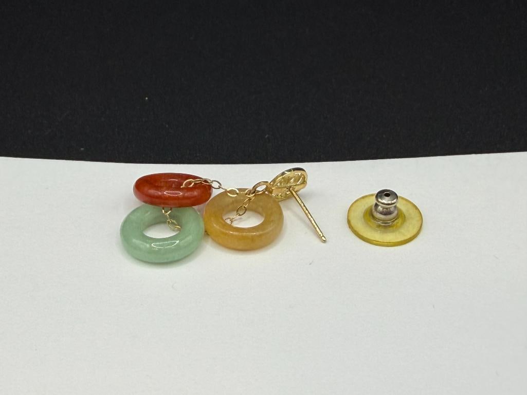 14K YELLOW GOLD MULTI-COLOR JADE DISC DANGLE EARRINGS - 4