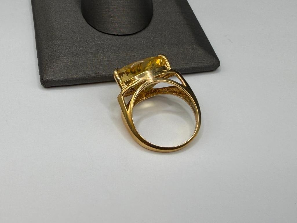14K YELLOW GOLD FAN SHAPED TRILLION CUT YELLOW CITRINE FASHION RING - 4