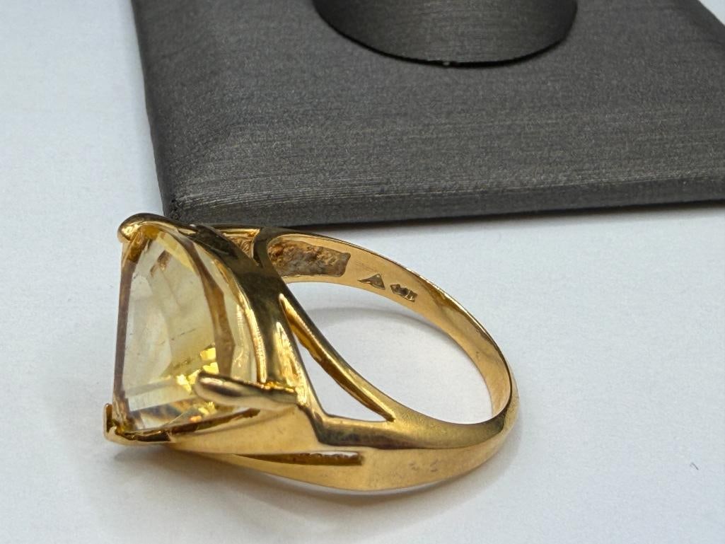 14K YELLOW GOLD FAN SHAPED TRILLION CUT YELLOW CITRINE FASHION RING - 5