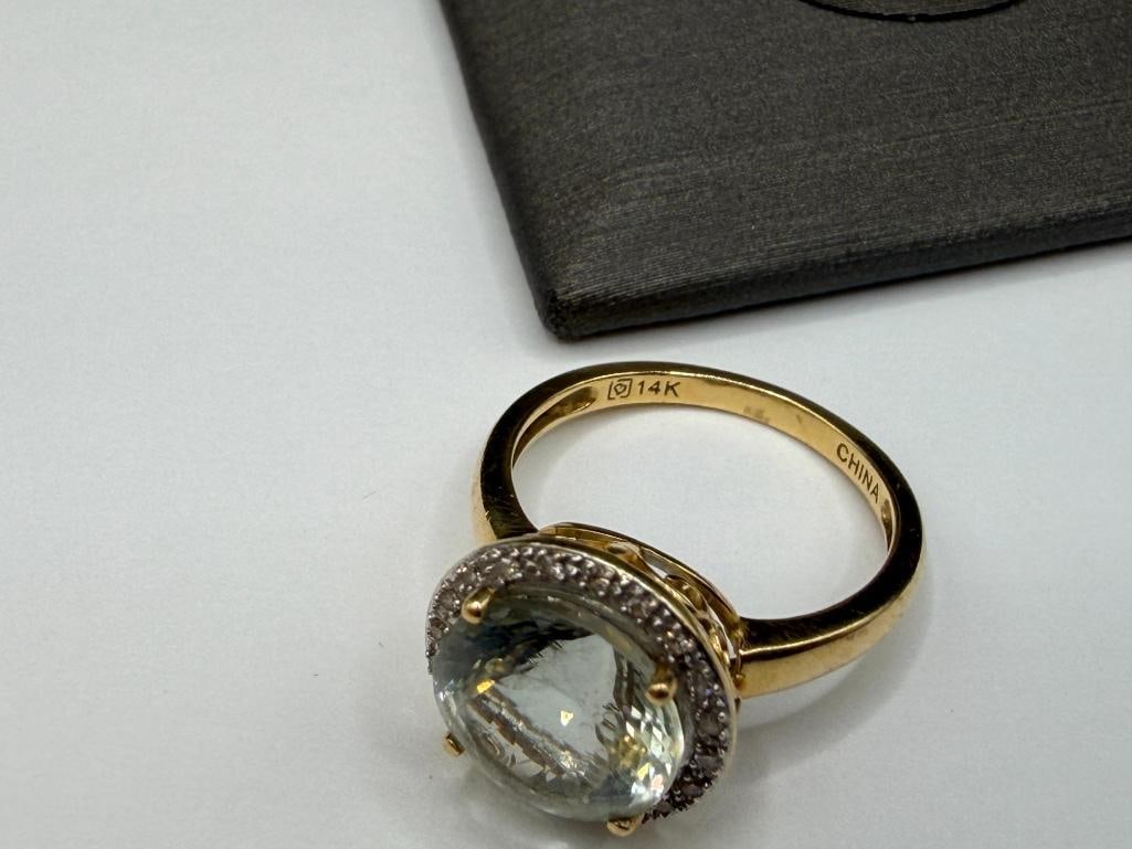 14K YELLOW GOLD ROUND CUT GREEN QUARTZ RING ACCENTED BY A HALO OF ROUND BRILLIANT CUT DIAMONDS - 6