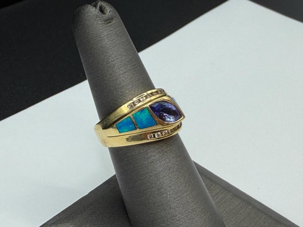 14K YELLOW GOLD MARQUISE CUT TANZANITE, INLAID OPAL, AND ROUND BRILLIANT CUT DIAMOND RING - 2