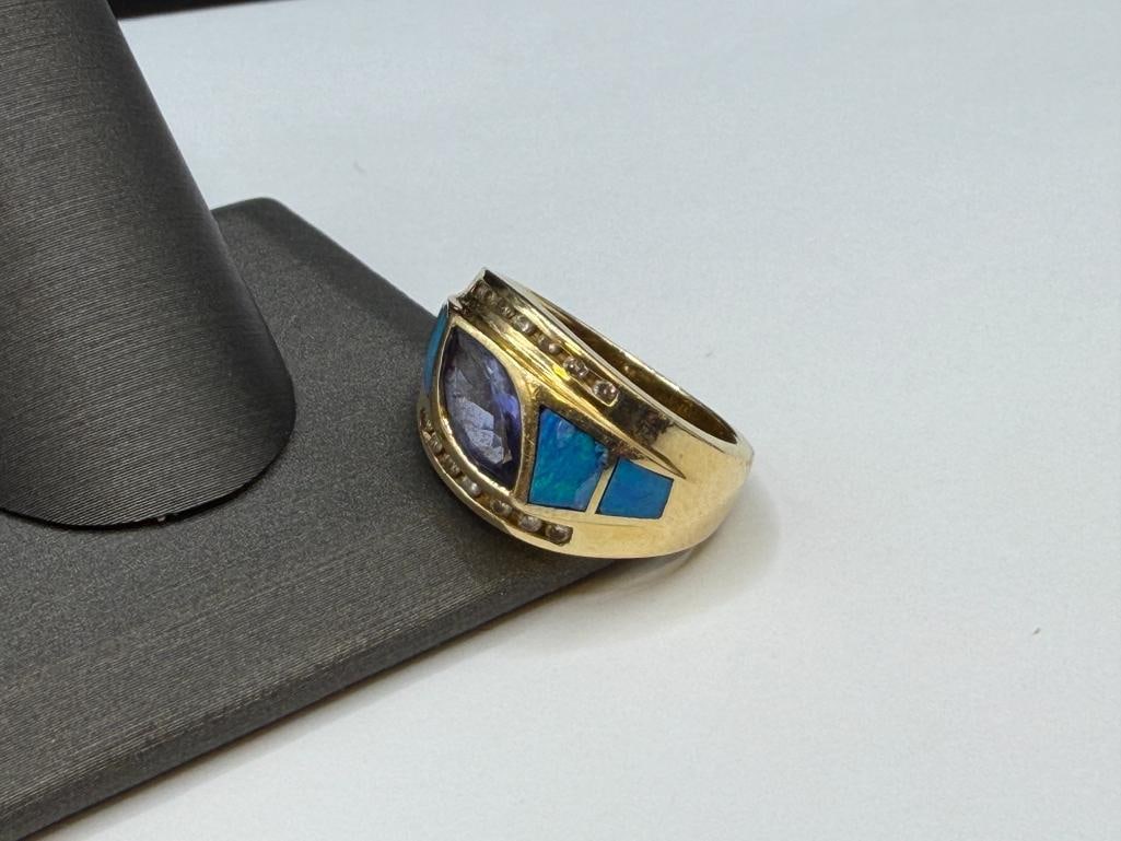 14K YELLOW GOLD MARQUISE CUT TANZANITE, INLAID OPAL, AND ROUND BRILLIANT CUT DIAMOND RING - 3