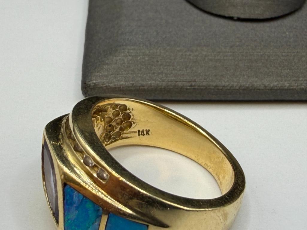 14K YELLOW GOLD MARQUISE CUT TANZANITE, INLAID OPAL, AND ROUND BRILLIANT CUT DIAMOND RING - 5