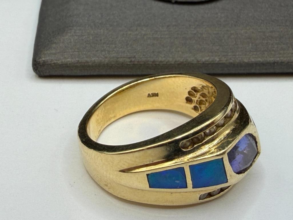 14K YELLOW GOLD MARQUISE CUT TANZANITE, INLAID OPAL, AND ROUND BRILLIANT CUT DIAMOND RING - 6