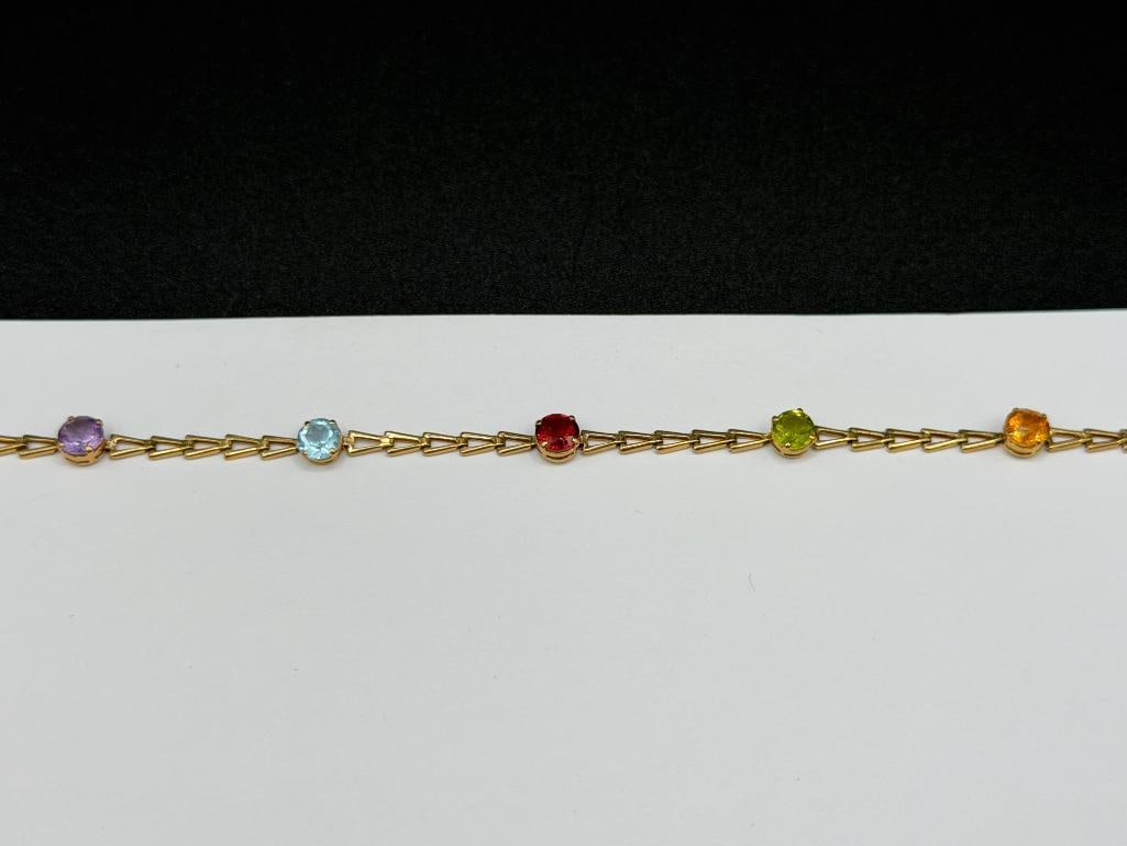 14K YELLOW GOLD ROUND CUT MULTI-GEMSTONE LINK BRACELET INCLUDING PERIDOT, CITRINE, TOPAZ, AND MORE - 2