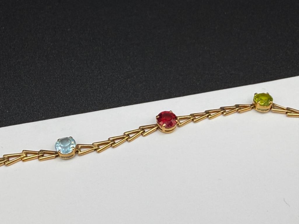 14K YELLOW GOLD ROUND CUT MULTI-GEMSTONE LINK BRACELET INCLUDING PERIDOT, CITRINE, TOPAZ, AND MORE - 3